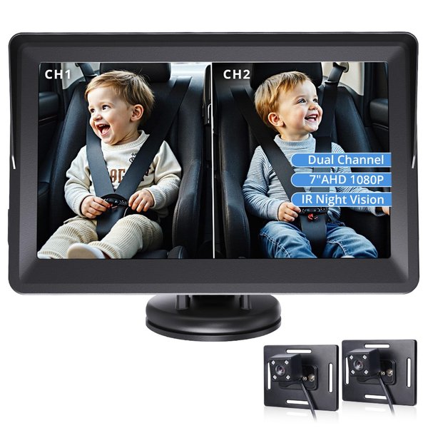 Baby Car Camera for 2 Kids, 7 Inch Ultrawide Display Dual Channel Car Baby Monitor with 2 IR Night Vision Cameras, 1080P Car Camera for Baby, Easily Install Clear Wide View for Rear Facing Backseat