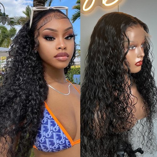 YEECHAEN Water Wave Lace Front Wigs Human Hair 180% Density 13x4 HD Lace Frontal Wigs Pre Plucked with Baby Hair Wet and Wavy Curly Frontal Human Hair Wigs for Women Natural Color (24inch)