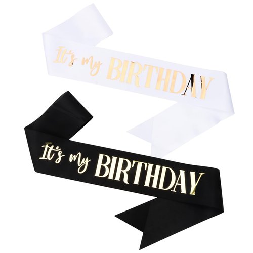 CIEHER (71.65" L x 3.6" W 2 Pack Birthday Sash for Women Girls, It's My Birthday Sash with Silver Glitter Fabric, Birthday Sashes, Birthday Decorations - White + Black Sash