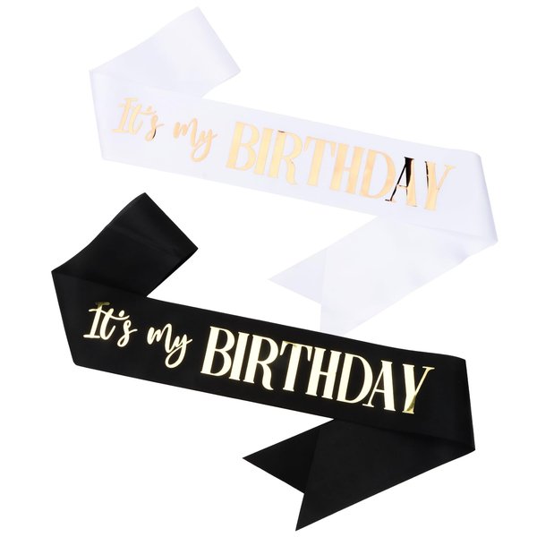 CIEHER (71.65" L x 3.6" W 2 Pack Birthday Sash for Women Girls, It's My Birthday Sash with Silver Glitter Fabric, Birthday Sashes, Birthday Decorations - White + Black Sash
