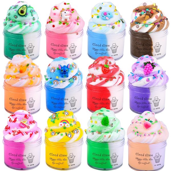 12 Pack Cloud Slime Kit, with Cute Slime Charms Two-Toned Colorful Slime, Scented DIY Slime Supplies for Girls and Boys, Stress Relief Toy for Kids Education, Party Favor, Christmas and Birthday Gift
