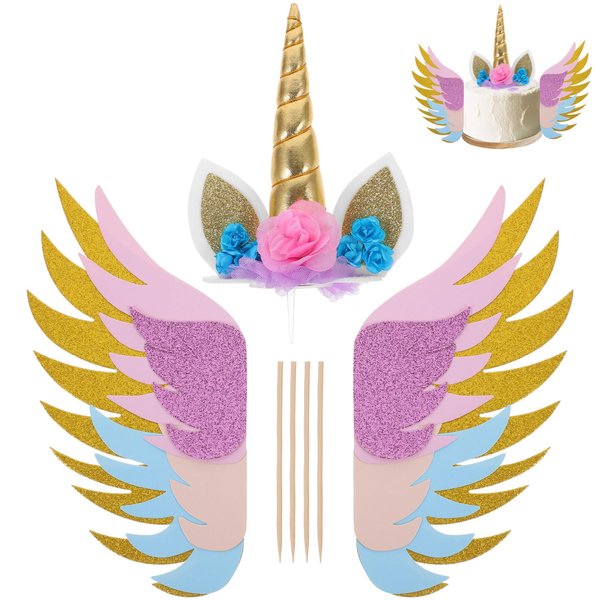 LUOEM 3 Pcs Glitter Unicorn Birthday Cake Toppers Sets with Sparkly Wings Unicorn Cake Decorations for Birthday Baby Shower Wedding Party Supplies