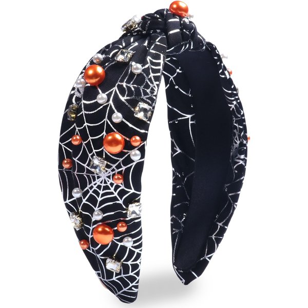 HIFANMM Halloween Headband Gemstone Beads Hair Band for Women Girls, Silver Spider Web Hair Accessories Wide Knotted Black Headbands Halloween Party Costume Cosplay Supplies Decoration