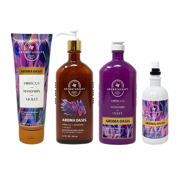 Bath & Body Works Aromatherapy Aroma Oasis Hibiscus + Madarin + Violet Deluxe Gift Set - Body Cream - Body Lotion - Body Wash + Foam Bath - Essential Oil Mist - Full Size