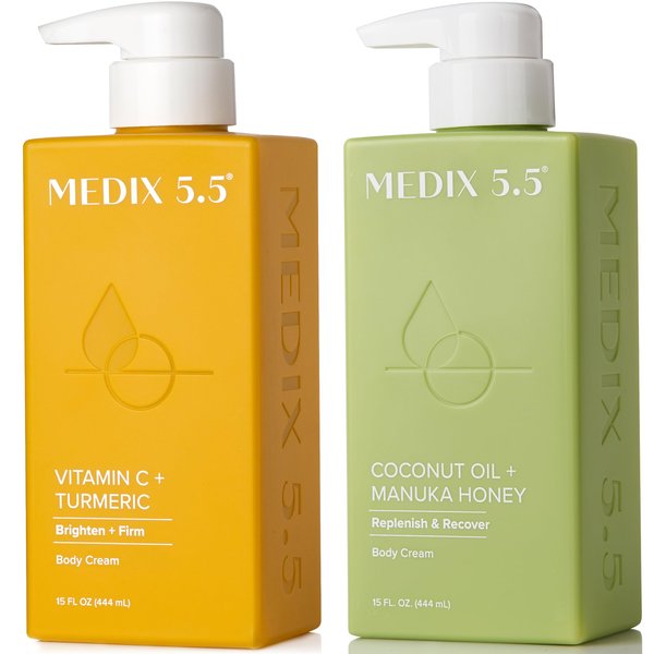 MEDIX 5.5 Vitamin C Lotion + Coconut Oil Moisturizer Skin Care Set | Body Cream & Face Lotion Bundle | Firming Body Lotion Set For Women, Crepey Skin Treatment, Wrinkles, Cellulite, 2PC