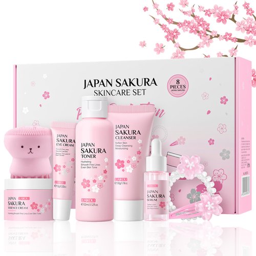 Skin Care Set - Japan-Sakura Skincare Gifts for Teenage Girls, Skin Care Sets & Kits with Cleanser, Toner, Serum, Cream, Eye Cream, Hairpin, Hair Rope, Cleansing Brush, Travel Kit for Birthday 8Pcs
