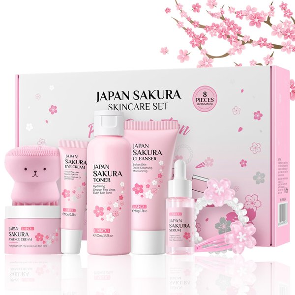 Skin Care Set - Japan-Sakura Skincare Gifts for Teenage Girls, Skin Care Sets & Kits with Cleanser, Toner, Serum, Cream, Eye Cream, Hairpin, Hair Rope, Cleansing Brush, Travel Kit for Birthday 8Pcs
