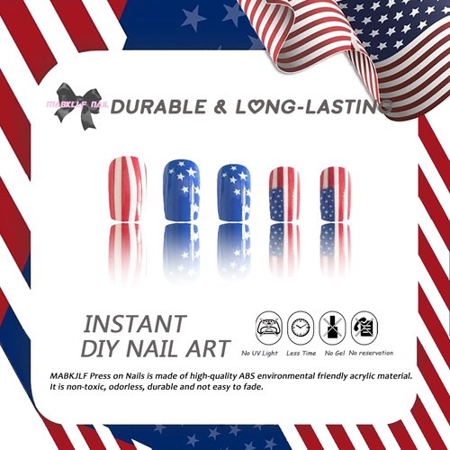 4th of July Press on Nails Medium Square Fake Nails Full Cover America Flag False Nails with Star Designs Glossy Glue on Nails Independence Day Acrylic Nails Artificial Nails for Women Girls 24Pcs