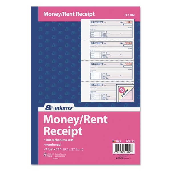 Adams TC1182 Receipt Book, 7 5/8 x 11, Three-Part Carbonless, 100 Forms