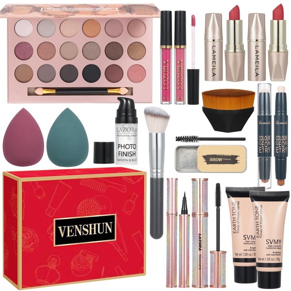 All in One Makeup Kit for Women Full Kit Makeup Gift Set for Women & Girls Makeup Essential Bundle Include Foundation 18Color Eyeshadow Palette Lipstick Eyebrow Pencil Cosmetic Brush Set