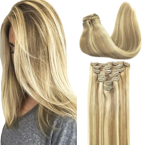 GOO GOO Clip in Hair Extensions Real Human Hair, Remy Human Hair Extensions Clip ins for Women, Natural Human Hair, 24inch 120g 7Pcs, 16/22 Light Blonde Highlighted Golden Blonde