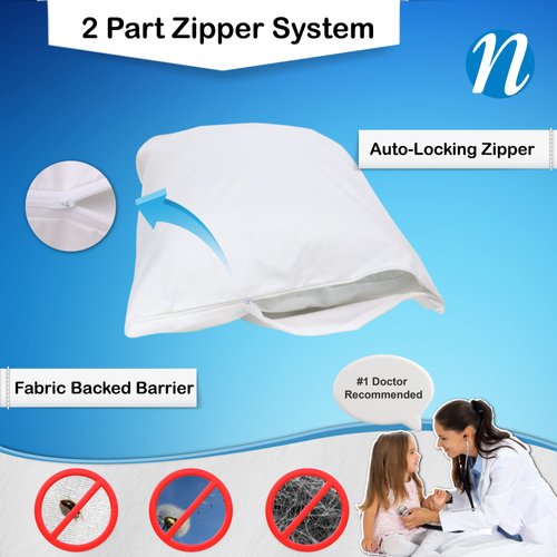 National Allergy Premium 100% Cotton Zippered Pillow Protector - King Size - White - 2 Pack - 300 Thread Count - Hypoallergenic Bed Pillowcase with Zipper - Breathable Encasement Cover