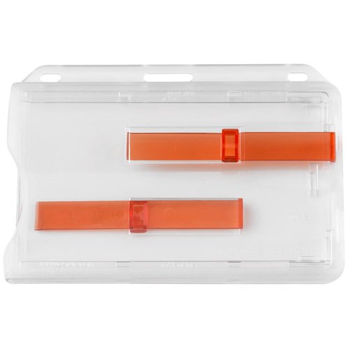 Bulk 50 Pack - Rigid Horizontal Two Card ID Badge Holder with Double Red Extractor Slider - Clear Hard Plastic 2 Card Protector with Easy to Slide Dispenser for Office Key Cards by Specialist ID