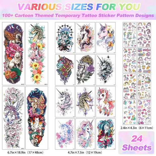 CUTELIILI 24 Sheets Cute Temporary Tattoo for Women, Colorful Small Fake Tattoos for Girls kids, Birthday Party Supplies, Magical Party Favors Decorations