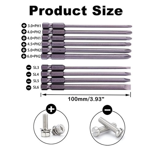 Rocaris 10pcs 1/4 Inch Hex Shank Long Magnetic Screwdriver Bits Set 4 in Power Tools (Slotted+Cross Head)