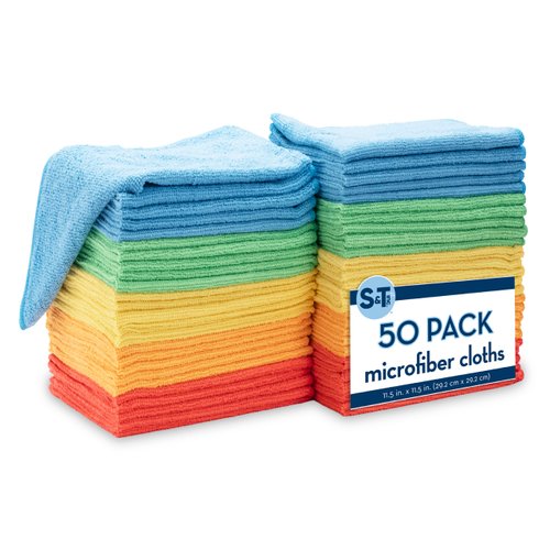 S&T INC. 50 Pack Microfiber Cleaning Cloth, Bulk Microfiber Towel for Home, Reusable and Lint Free Cloth Towels for Car, Assorted Colors, 11.5 Inch x 11.5 Inch, 50 Count