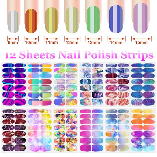 DANNEASY 12 Sheets Nail Polish Strips Self Adhesive Nail Stickers Full Nail Wraps for Women Girl Gel Nail Strips Graffiti Gradient Starry Sky Nail Design Nail Accessories
