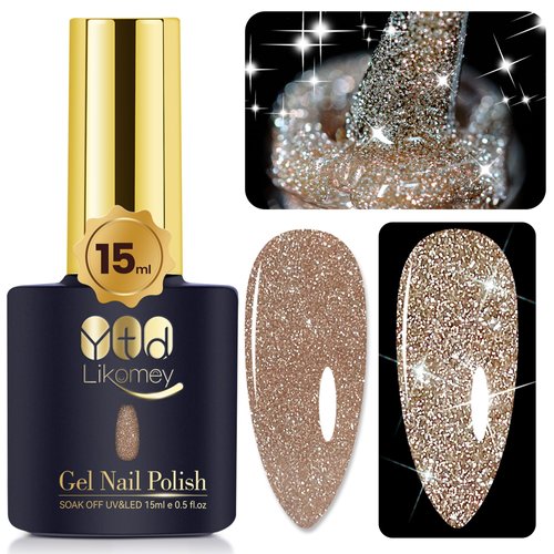 YTD Likomey Reflective Glitter Gel Nail Polish,15ml Champagne Gold Flash Diamond Shimmer Gel Polish,Sparkly Shiny Salon Manicure Spring Gift UV Nail Gel Varnish,SZ012