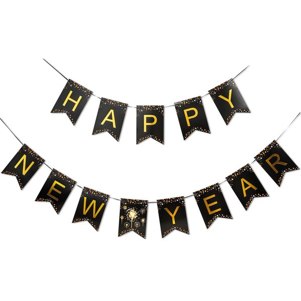 MiniRed New Year Banner 2025, Happy New Year Bunting Banner with Shiny Gold Letter, New Year Party Decorations Supplies 2025.