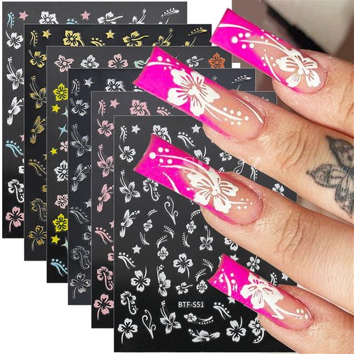 6pcs Camellia Tulip Flower Nail Stickers for Nail Art Black White Flower Nail Decals 3D Bow Nail Stickers for Women Floral Bow Stickers for Nails Camellia Tulip Nail Art Stickers Spring Nail Supplies
