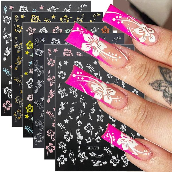 6pcs Camellia Tulip Flower Nail Stickers for Nail Art Black White Flower Nail Decals 3D Bow Nail Stickers for Women Floral Bow Stickers for Nails Camellia Tulip Nail Art Stickers Spring Nail Supplies