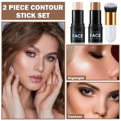 QIUFSSE Bronzer Stick Highlighter Stick Cream Contour Stick Makeup,2PCS Moisturize Contour Kit with Contour Brush,Long Lasting & Smooth Highlighters Makeup Stick for Beginner-Light Medium