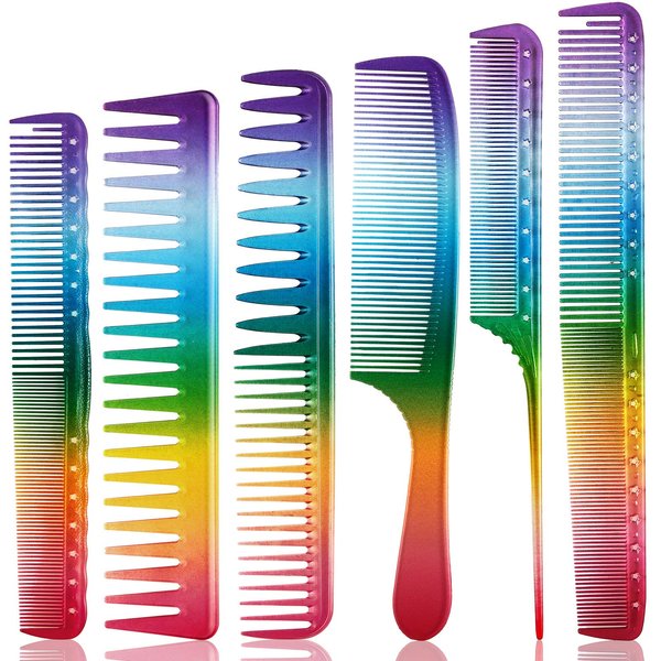 Patelai 6 Pieces Rainbow Hair Comb Hair Cutting Comb Salon Hair Comb Rainbow Rat Tail Comb Portable Hair Cutting Comb Teasing Comb for Women Men Kids Various Hair Types