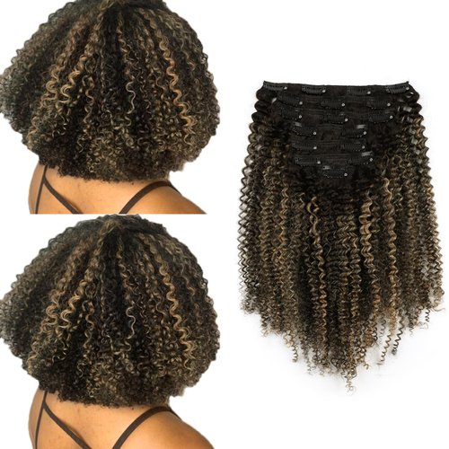 ABH AMAZINGBEAUTY HAIR Afro Curly Clip in Hair Extensions Real Human Hair 4A 4B Curly Clip ins for Black Women 120g 7 Pieces 17 Clips, Ombre Highlight 1B to Honey Blonde 20 Inch