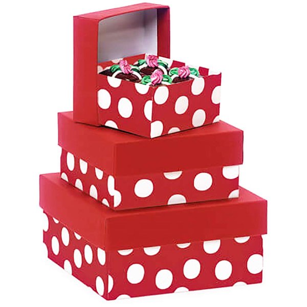 Made in USA Recycled Paper Kraft Boxes – 3.25”, 4.25” & 5.25” – Nested Squared Boxes with Lids (Small Set of 3 - Red Polka Dot))