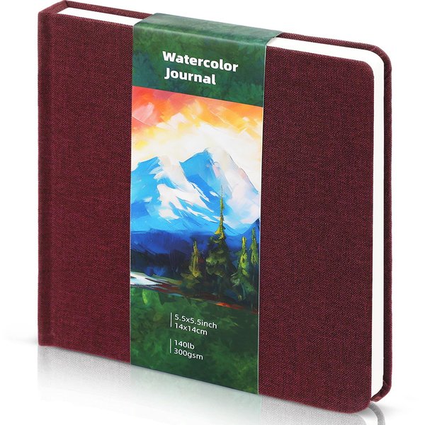 Dispowreath 5.5" x 5.5" Watercolor Journals Sketchbooks Square Watercolor Notebook Cold Press 300 GSM Cotton Paper 48 Pages Watercolor Journals Notebook Artist Paper Pads for Christmas(Red Brown)