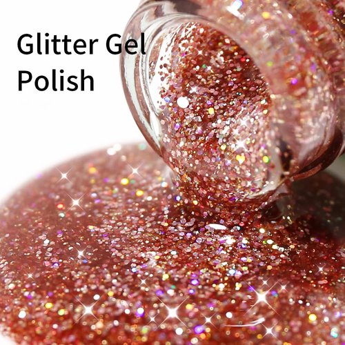 Firedeep Glitter Rose Gold Gel Nail Polish, 1 Pcs 16ml Sparkly Rose Gold Soak Off UV/LED Gel Polish Manicure Salon DIY at Home