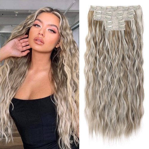 Hair Extensions, REECHO Brown Clip in Hair Extensions 24" Thick Long Loose Waves hair extensions HE002 Invisible Lace Weft Natural Soft Hairpieces for Women – Ash Brown with Platium Highlights