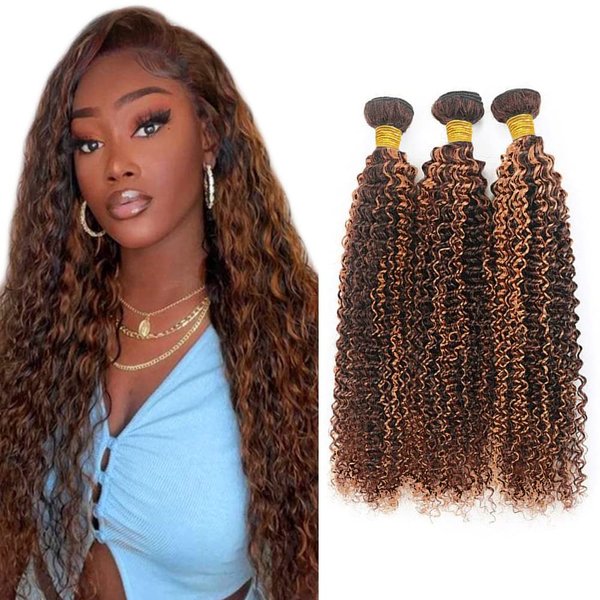22 24 26 Inch P4/30 Bundles Brown Kinky Curly Human Hair Bundles Brazilian Unprocessed Virgin Hair 3 Bundles Highlight Curly Bundles Human Hair Color #30 Bundles Remy Hair Extensions Brown Bundles