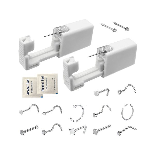 SLVIEKAE 18 Pcs Nose Piercing Kit, Portable Nose Piercing Tools with Free Nose Rings, Nose Stud Piercing Gun for Cartilage Helix Piercing (18 Pack)