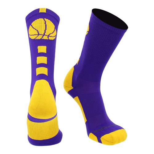 MadSportsStuff Basketball Socks with Basketball Logo Crew Socks (Purple/Gold, Small)