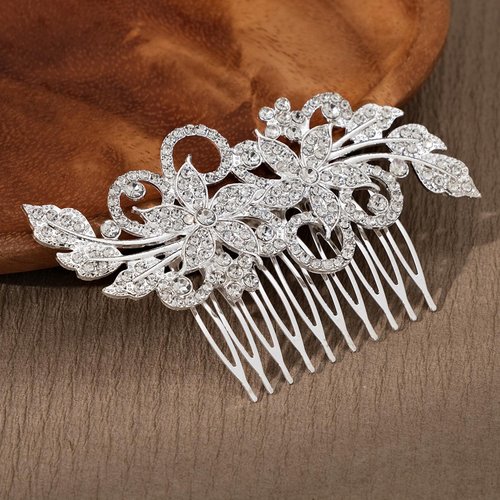 Wedding Hair Combs, Sparkly Crystal Flower Hair Clips Bride Bridesmaid Hair Sides Comb Rhinestone Barrettes, Crystal Flower Hair Pins Hair Accessories for Women Girls (Silver-1)