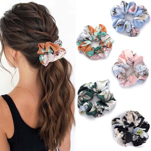 Jewemia Silk Satin Scrunchies for Women Floral Hair Scrunchie Elastic Hair Scrunchies for Thick Curly Hair Flower Printed Hair Ties Hair Accessories Gifts for Women and Girls 5 Pcs (5 Color)