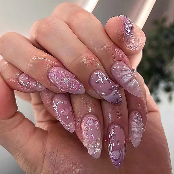 24Pcs Almond Press on Nails Medium Fake Nails Purple Flower & 3D Pearl Design Acrylic Nails French Press on Nails Pink False Nails Full Cover Glossy Stick on Nails for Women Girls Jelly Press on Nails