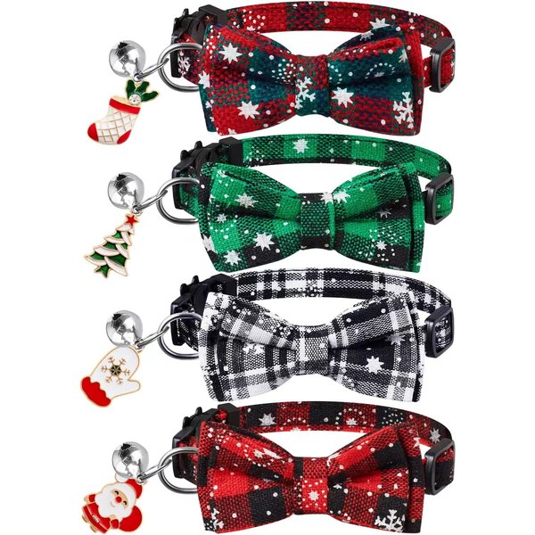 LLHK 4 Pack Christmas Cat Collars with Bow Tie and Bell,Breakaway Kitten Collar for Girl Boy Cats,Adjustable 7-12inch, for Kitty Kitten Adult Cats,Pet Supplies,Stuff,Accessories