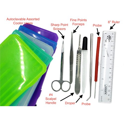 DR Instruments Precision Plus Dissection Kit - 24-Piece Biology Kit - 9 Stainless Steel Instruments - Extra Blades & T-Pins - Biology Students & Faculty – Assorted Color Cases