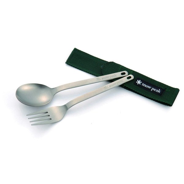Snow Peak Titanium Fork & Spoon Set - Ultralight & Portable Camping Utensil Set - Durable Titanium Cutlery with Canvas Travel Case