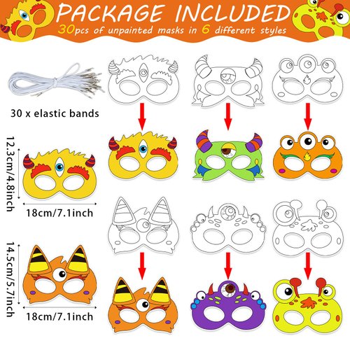 Lonfliness 30 Pcs Halloween Monster Masks Coloring Crafts for Kindergarten Kids, Color Your Own Halloween Arts and Craft Kits, DIY Paper Masks for Classroom Preschool Home Game Activities Party Favors