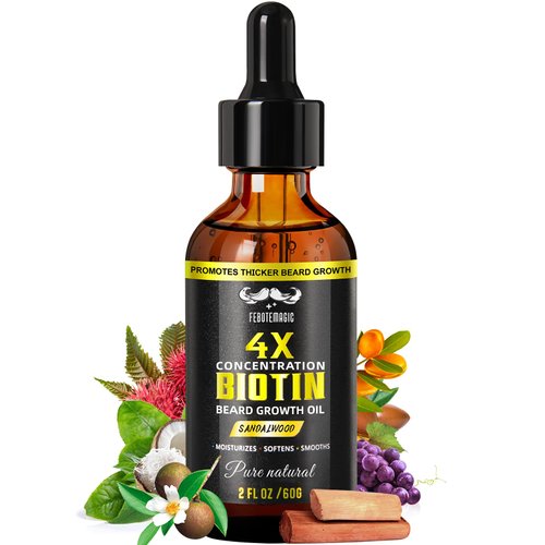 Biotin Beard Growth Oil for Men – Sandalwood Beard Serum with Castor & Grape Seed Oil for Thicker, Softer & Moisturized Beard – Ideal Gift for Father, Husband, Boyfriend – 2 oz