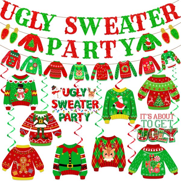 Ugly Sweater Party Decorations, Ugly Christmas Sweater Party Supplies Includes Ugly Sweater Party Banner and Red Green Ugly Sweater Decorations Hanging Swirls for Ugly Sweater Christmas Party