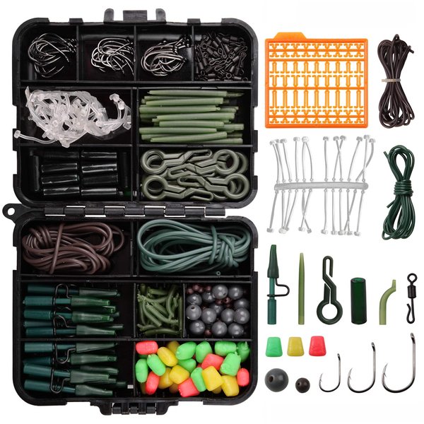 Carp Fishing Tackle Kit – 225pcs Carp Fishing Hair Rig Boilie Stops Carp Hooks Swivels Tube Sleeves Clips Carp Bait Rig Fishing Equipment