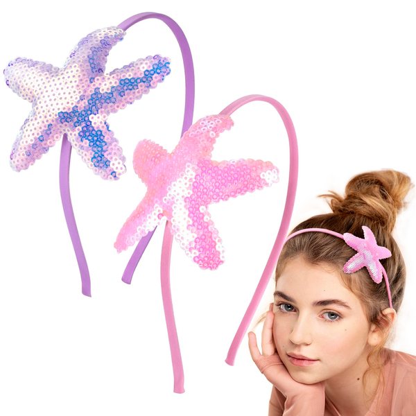 CustomyLife 2pcs Starfish Sequin Headband for Girls, Non-Slip Glitter Mermaid Hair Band, Sparkly Sea Star Hair Accessories for Birthday Cosplay Show Christmas Halloween-Purple & Pink