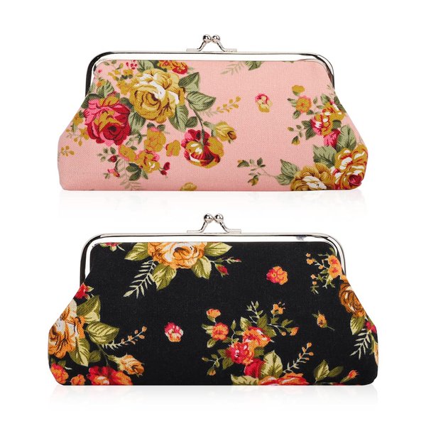 Oyachic 2 Packs Coin Purse Cell Phone Pouch Rose Pattern Clasp Closure Wallet Gift (Black and pink)