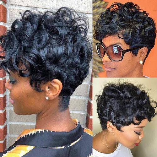 Pixie Cut Wig Short Wigs for Black Women Short Black Curly Pixie Cut Wigs Natural Black Wavy Synthetic Hair Short Wig with Bangs Pixie Wig for Women(Natural black)