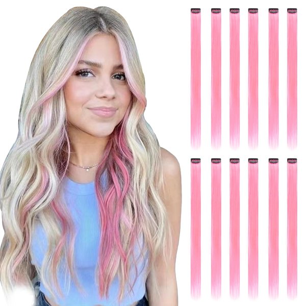 BUMMSEVEN 12 Pcs Pink Hair Extensions Clip in Hairpiece Accessories, 22 Inch Long Streak Straight Ins Heat Resistant Colored Synthetic, Using for Halloween Costume Party Play Highlights