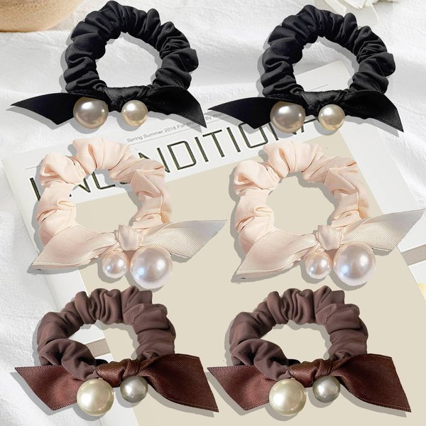 YFKEJI 6Pcs Pearl Bow Hair Scrunchies, Rabbit Bunny Ear Scrunchies, Satin Bow Hair Rope, Bow Ponytail Holder Hair Accessories for Women & Girls(B#)